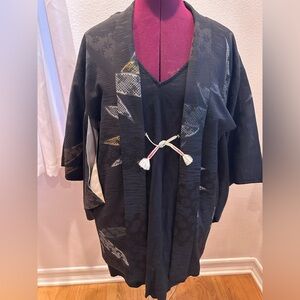 Vintage Black Silk Kimono with Patterned Accents of Gold and Silver